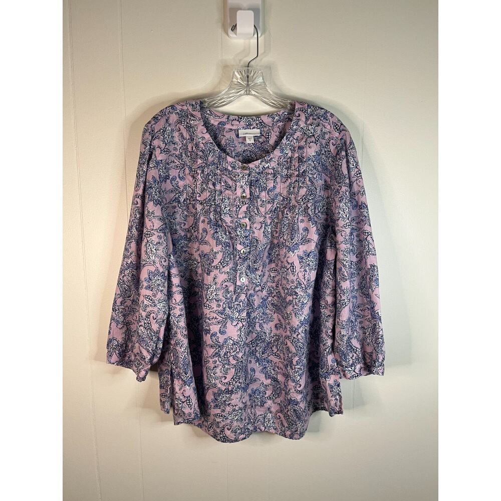 J Jill Love Linen Blouse Top XL Printed Pintucked Popover Lagenlook Coastal Boho - Picture 11 of 16